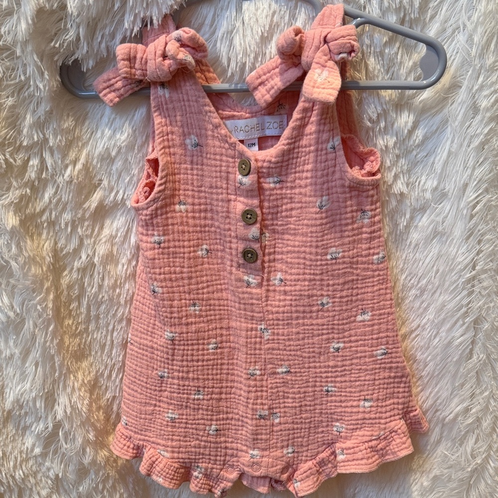 Rachel Zoe Pink Textured Baby Romper with Bow Straps